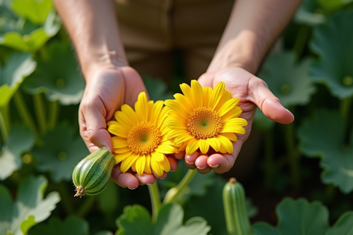 Personne cueillant delicatement des fleurs de zucchini