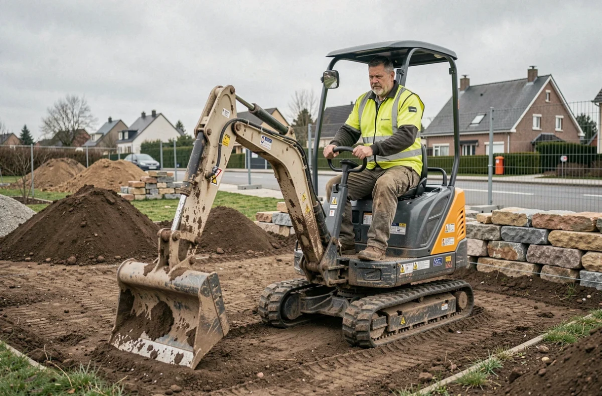 Conducteur d'engin de chantier de la SARL MCTP réalisant des travaux de terrassement paysager en milieu urbain