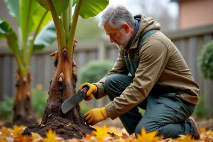 Homme d'âge moyen taillant une banane dans un jardin automnal