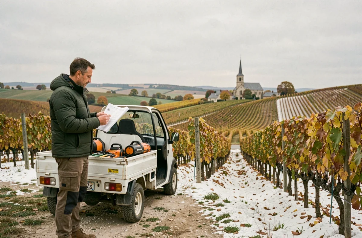 Technicien paysagiste de Vert Limousin agence Champagne-Ardenne consultant ses fiches d'entretien en bord de vignoble champenois